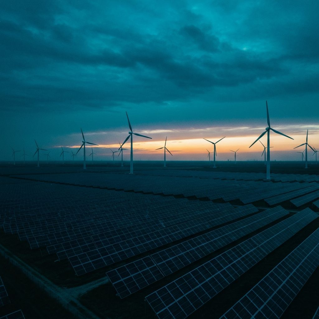 Renewable energy landscape with solar panels and wind turbines